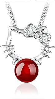 Cute Real 925 Sterling Silver Cat Pendant Necklace Agate Ball Pendant