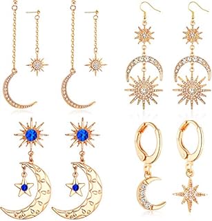 4 Pairs Moon Earrings Star Earrings Exaggerated Boho Earrings Retro Moon Dangle Drop Rhinestones Earrings Sun for Halloween Christmas Women Girls Gift