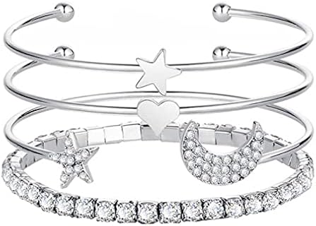 Moon Star Bracelet Hand Chain Boho Rhinestone Open Cuff Silver Bracelets Set Jewelry Gifts for Women Teen Girls 4-piece set
