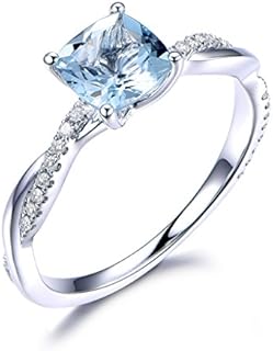 6mm Cushion Cut Natural Blue Aquamarine 14k White Gold Twist Diamond Engagement Ring Bridal Wedding Band