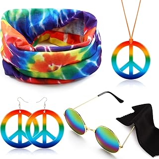 Lobster Claw Clasp 70s Choker Necklace with Peace Sign Pendant, Hippie Sunglasses, Tie-Dye Headband and Earrings - Hicarer 4 Piece Hippie Costume Set for Women - Round Design/Peace Sign Theme