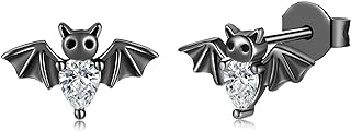 Silver Vampire Bat Earrings for Women - 925 Sterling Silver Black Vampire Bat Earring Jewelry for Women, Gothic Bat Stud Earrings Halloween Christmas Gifts for Girls
