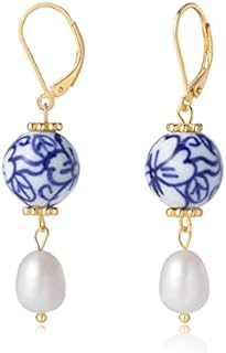 Statement Blue and White Porcelain Pearl Dangle Drop Earrings, 925 Sterling Silver Vintage Leverback with Hand-Painted Four Leaf Clover & Freshwater Pearls -Unique Designer Elegant Gift For Mother's Day