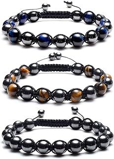Spring Ring Clasp Energy Beads Bracelet with Bead Chain: Men's & Women's Therapeutic Hematite & Tiger Eye Stones, Adjustable Braided Design - Set of 3