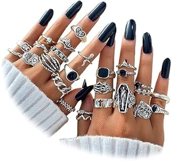 IFKM 15-63 PCS Vintage Silver Knuckle Rings Set for Women Teen Girl, Stackable Joint Finger Statement Rings Bohemian Retro Hollow Carved Midi Rings, Boho Y2k Snake Butterfly Heart Chunky Stacking Rings Pack