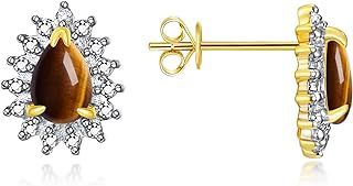 Yellow Gold-Plated Sterling Silver Pear-Shaped Tiger Eye Halo Stud Earrings, Embellished with Sparkling Diamonds - Perfect Birthstone Gift for Women and Girls by Rylos - Elegant and Fashionable