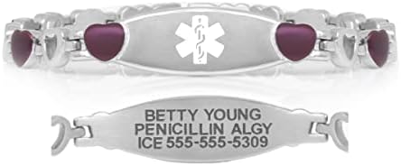 Lauren's Hope Medical Alert Bracelet For Women, Purple and Silver Stainless Steel Heart Link Bracelet, Free Custom Engraving, 1 Year Warranty, Custom Sized, Waterproof and Durable, Medical ID