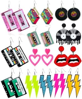 12 Pairs 80s 90s Neon Earrings for Women Retro Boho Pendant Magnetic Tape Optical Disc Lightning Heart Acrylic Drop Dangle for 80's Outfit Glow Party Accessories