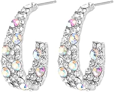 Sparkling Silver Drop Hoop Earrings with Cubic Zirconia & AB Rhinestones for Women, Bohemian Large Dangle Stud Design, Hypoallergenic Push Back Finding