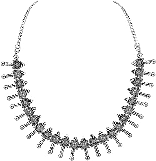 Stylish Silver Tone Oxidised Zinc Tribal Indian Choker Necklace with Secure S-Hook for Women and Girls