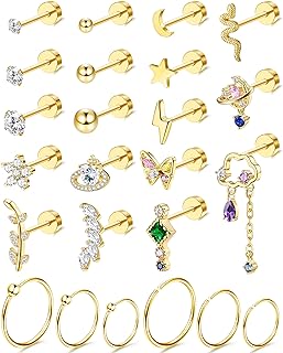 Screw-Back Stainless Steel Helix Stud Earrings with Cubic Zirconia for Women and Men - Trendy Flower/Leaf Design - Drperfect 24PCS Cartilage Earring Collection