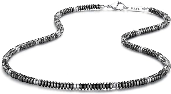 GAVU Men's Minimalist Hematite Bead Necklace, Stainless Steel Ball Chain with Lobster Clasp, 50cm Length