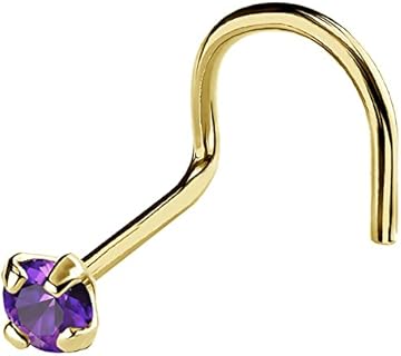 Jewelry Avalanche 22G Solid 14Kt Gold Nose Screw Stud with Prong Set real Amethyst Gemstone, 14kt Yellow Gold or 14kt White Gold - February Birthstone Nose Ring