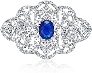 Big Vintage Estate Jewelry Scroll Cubic Zirconia Simulated Green Emerald Red Ruby Blue Sapphire AAA CZ Rectangle Filigree Statement Art Deco Style Brooch Pin For Women Silver Plated