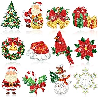 12 Pcs Christmas Diamond Painting Brooch Christmas Ornaments Brooch Pin Set DIY 5D Snowman Santa Diamond Art Painting Xmas Tree Snowflake Gifts Rhinestone Crystal Kits for Women Girls Craft