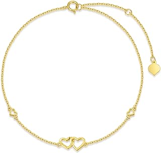 NFYBD 14K Real Gold Heart Ankle Bracelet for Women Girls Double Heart Yellow Gold Anklet Love Ankle Bracelet Anniversary Jewelry for Wife Birthday Gifts for Her 8''-10''
