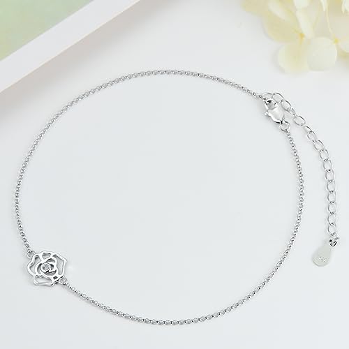 Flower Ankle Bracelet for Women, 925 Sterling Silver Crystal Adjustable Anklet