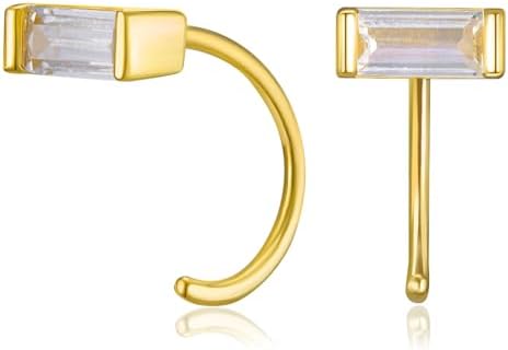 SWEETV 14K Gold 925 Sterling Silver Huggie Half Open Hoop Earrings for Women Girls,Tiny Baguette Cartilage hoop Earring Cubic Zirconia