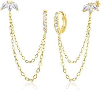 925 Sterling Silver Gold Plated Trinity Cubic Zirconia Stud Chain Earrings | Double Piercing Dangle Chain Huggie Hoop Earring | Trinity Zirconia Stud Earrings Jewelry Gifts for Women Girls