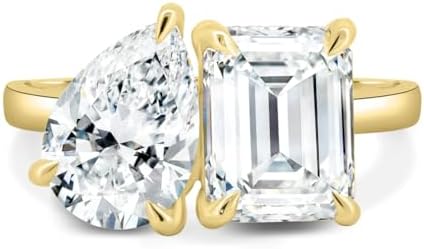 Amor Moissanite 5 TCW Emerald and Pear Cut Handmade Engagement Ring, Toi Et Moi Bridal Wedding Ring for Women, Anniversary Promise Gifts Her