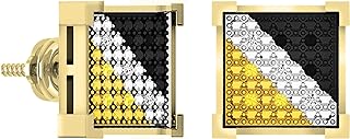 Screw Back Black, Yellow & White Diamond Square Stud Earrings - Polished 925 Yellow-Plated Sterling Silver - Unisex Design for Trendy Jewelry Lovers