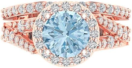 2.32ct Round Cut Natural Aquamarine 18K Rose Gold Halo Solitaire W/Accents Engagement Bridal Wedding ring band Set