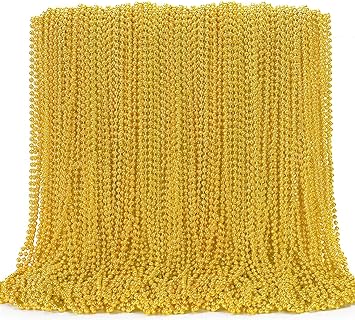 EOBOH 144PCS Gold Mardi Gras Bead Necklace in Plastic with String Fastening for Party Attendees, Festive Round Design