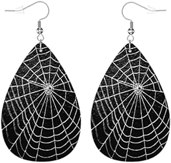 Spider Dangle Faux Leather Earrings with French Wire Back Finding for Women and Girls, Red Chevron Stripes Teardrop Design