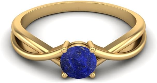 Round Cut Lapis Solitaire Engagement Ring with 14K Yellow Gold over 925 Sterling Silver for Women - Size 4