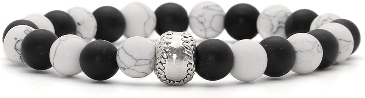 Red and Black Bead Alloy Bracelet with Bead Chain Design for Men and Women, No-Clasp-Style, 7.5-Inch Wrist, Baseball and Lava Rock Design