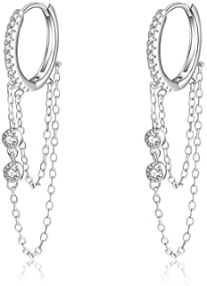Reffeer Solid 925 Sterling Silver Chain Drop Earrings Hoop for Women Teen Girls CZ Hoop Chain Earrings Dangle
