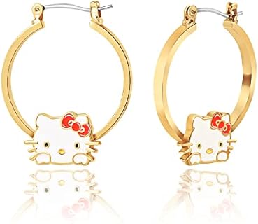 Sanrio Hello Kitty Womens Hoop Earrings - Gold Flash Plated and Enamel Hello Kitty Earrings Officially Licensed