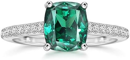 S925 Sterling Silver Engagement Ring with 1.5ct Cushion Cut Green Cubic Zirconia and Slim Band Design