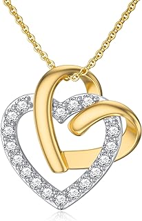 Women's Elegant 14K Yellow Gold Two-Tone Pendant Necklace with Cubic Zirconia Studded Heart Design, Cable Chain and Spring Ring Clasp, Ideal for Special Occasions and Gifts