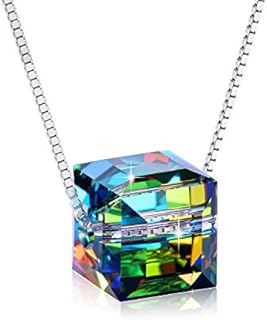 Lobster-Claw Clasped, Sterling Silver Square Crystal Necklace - Anchor Chain Design - Elegant Gift for All Ladies - Unique Cube Pendant Design