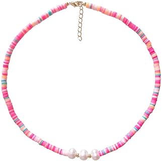sundysh Pink Pearl Choker Necklace,Bohemian Beach Surfer Choker Necklace, Boho Clay Beaded Necklace,Short Collar Necklace For Girls Women 14”