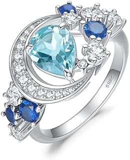 Sterling Silver Moon Star Sapphire Engagement Ring, 14K Gold Plated with Cubic Zirconia, 2.2ct Sky Blue Topaz, Pear Cut Design, Size 5 for Women