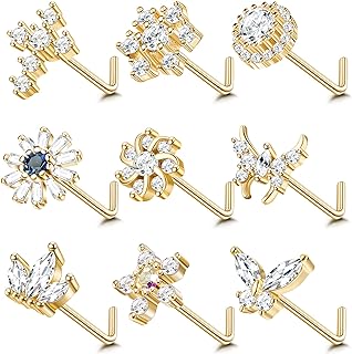 Ubjuliwa 9Pcs 20G Stainless Steel Nose Rings L Shape Bone Screw Nose Studs for Women Men Cubic Zirconia Moon Star Flower Butterfly Nose Piercing Jewelry