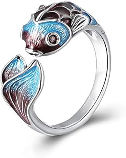 LOVECOM Real 925 Sterling Silver Fish Ring For Women Girls Wedding Bands Enameling Blue Ethnic Carp Open Statement Rings Original Cloisonne Craft Jewelry Birthday Graduation Gifts for Her