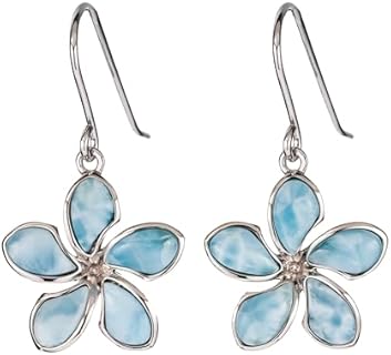 925 Sterling Silver Natural Larimar Gemstone Plumeria Flower Dangle Hook Earrings, Nickle Free Hypoallergenic for Sensitive Skin, Gift Box Included