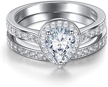 Gemsme Wedding Engagement Rings Set, 18K White Gold Plated Teardrop Cut Cubic Zirconia Halo Promise Ring for Women
