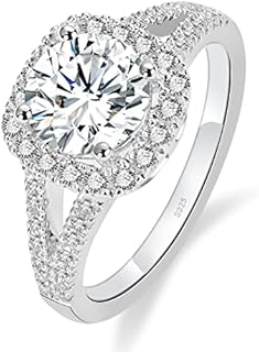 2CT Moissanite Engagement Rings for Women, Round Cut D Color VVS1 Lab Grown Diamond Halo Wedding Ring, S925 Sterling Silver with 18K White Gold Plated Promise Ring for Her（size 4-11）