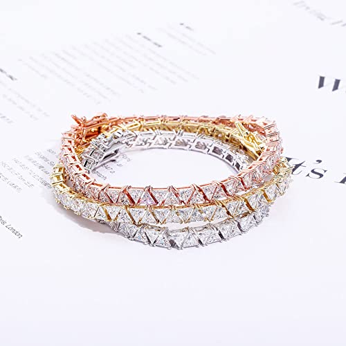 JINAO 4MM Double Triangular Cut Link Tennis Chain Bracelet 18K Real Gold Plated Iced Out Cubic Zirconia Triangle Cut Tennis Bracelet for Men Women
