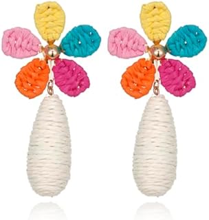 Colorful Handmade Raffia Floral Pendant Dangle Earrings with Push Back - Summer Tropical Beach Jewelry, 1.4 inches wide