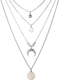 C-Link Chain Boho Layered Coin Bead Necklace with Moon Pendant for Women and Girls - Chic Y-Shaped Design