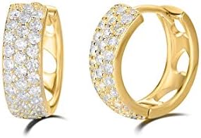 Carleen 14K Gold Plated Sterling Silver Hoop Earrings Pave Set Stunning Cubic Zirconia CZ Simulated Diamond Small Thick Sparkle Silver Hoop Earrings Fine Jewelry Birthday Gifts for Women Girls, Diameter 15mm Width 5mm