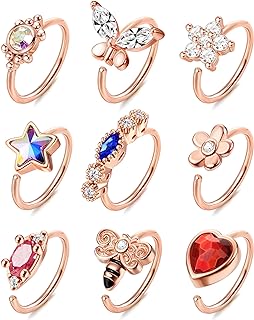 Bee Design Gold Nose Ring with Cubic-Zirconia for Women, Butterfly/Heart/Star/Flower Shapes 18 Gauge Nose Hoop Set