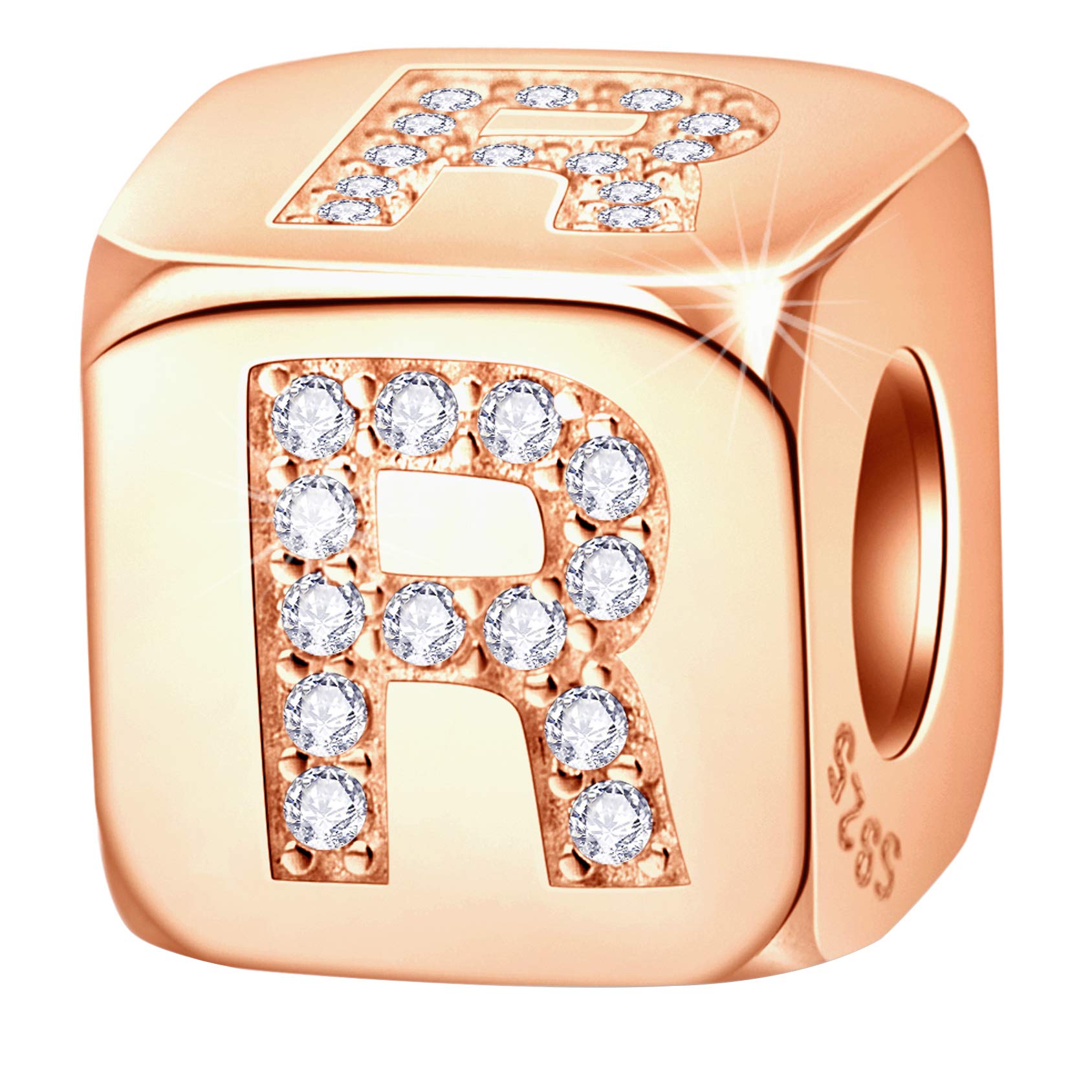 Rose Gold Letter Charm Bracelet with Cubic Zirconia on Sterling Silver, A-Z Cube Design for Women - Perfect Birthday/Christmas/Family/Friends/Lover Gift