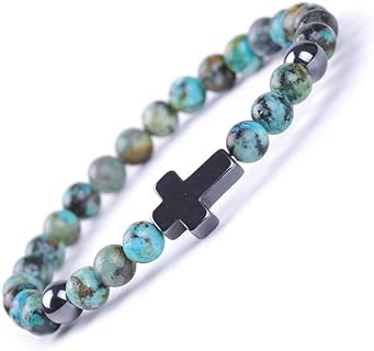Colorful Bling Cross Beaded Natural Stone Stretch Prayer Bracelet on Box and Bead Chain with Spring Ring Clasp