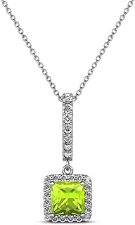 14K White Gold Princess Cut Peridot and Diamond Halo Pendant Necklace, 0.76 ctw with 18" Chain, Ideal Gift for Her, USA Origin